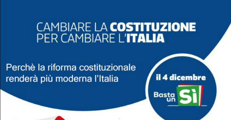 Lunedì 28 novembre al circolo Pd Reggio 4 l’incontro “Perché la riforma della Costituzione renderà più moderna l’Italia”