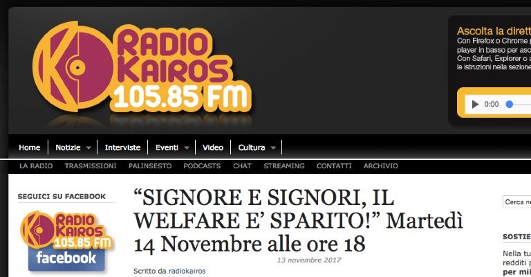 Martedì 14 novembre in diretta a “Signore e signori, il welfare è sparito!” su Radio Kairos